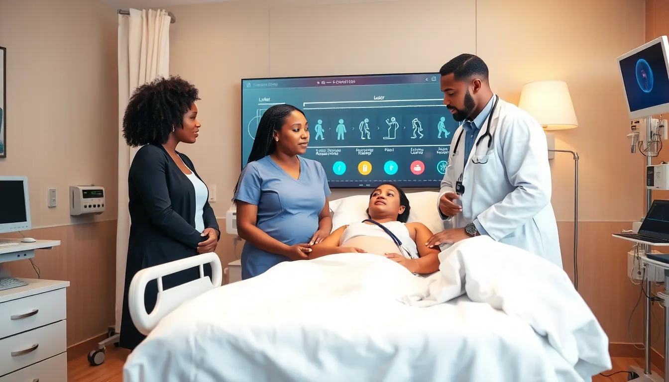 healthcare professionals supporting a pregnant woman in a hospital room.