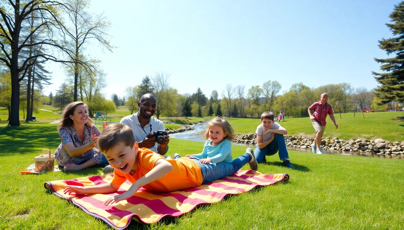 family enjoying a picnic at a park with children playing nearby.