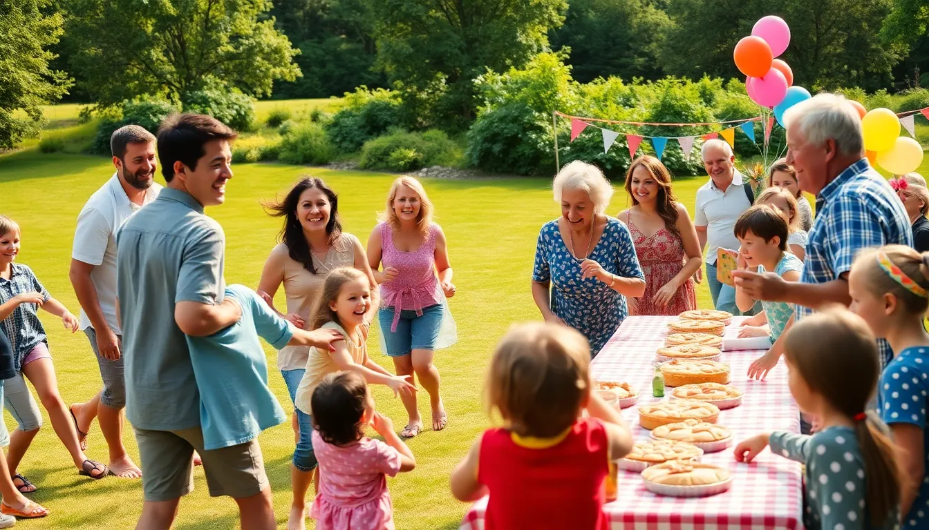 family enjoying games and activities during a reunion in a sunny outdoor setting.