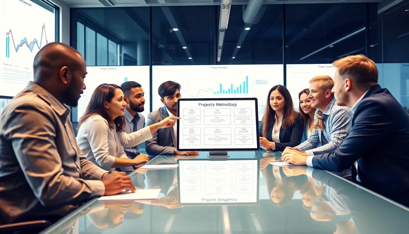 diverse team discussing project delivery methodology in a modern office.